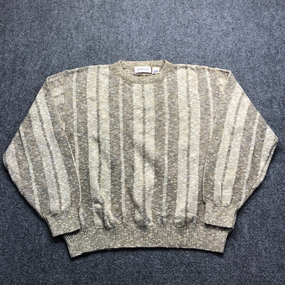 Murano Vintage Mens Crewneck Sweater Tan Striped Knit Made in USA Medium